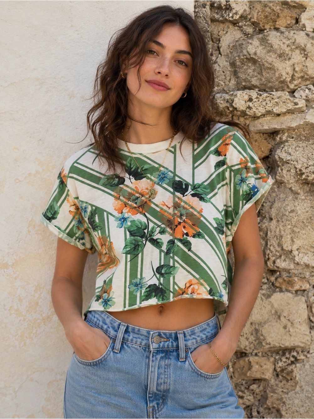 Anthropologie Maeve Floral Geometric Crop Tee Small Retro Botanical Top